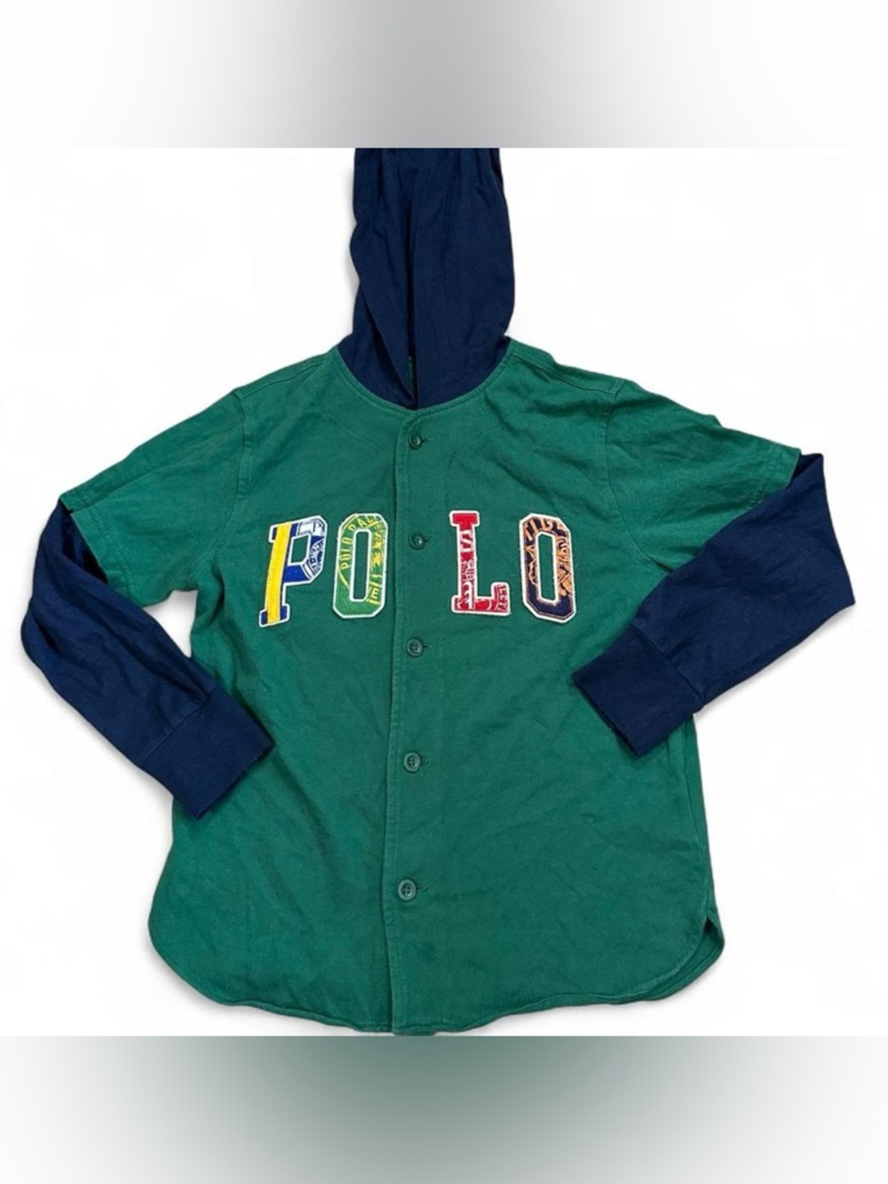 Polo Ralph Lauren Kids Green Blue‎ Button Up Long Sleeve Hoodie Size Small 8